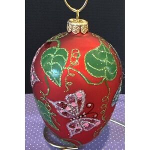 Butterfly Vines Christmas Glass Red Colorful Oval Shape Ornament Holiday Glitter